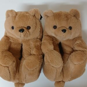 Plush Teddy Bear Slipper Pair - Light Brown